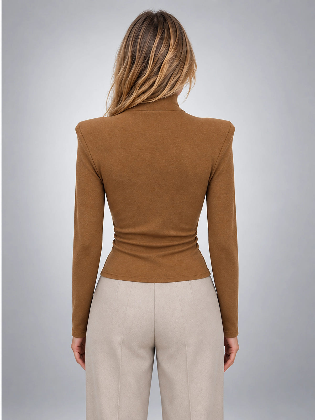 Women's Button Neck Top – Structured Shoulder Detail - Caramel