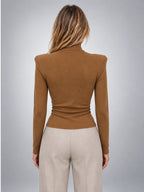 Women's Button Neck Top – Structured Shoulder Detail - Caramel