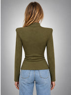 Women's Button Neck Top – Structured Shoulder Detail - Green