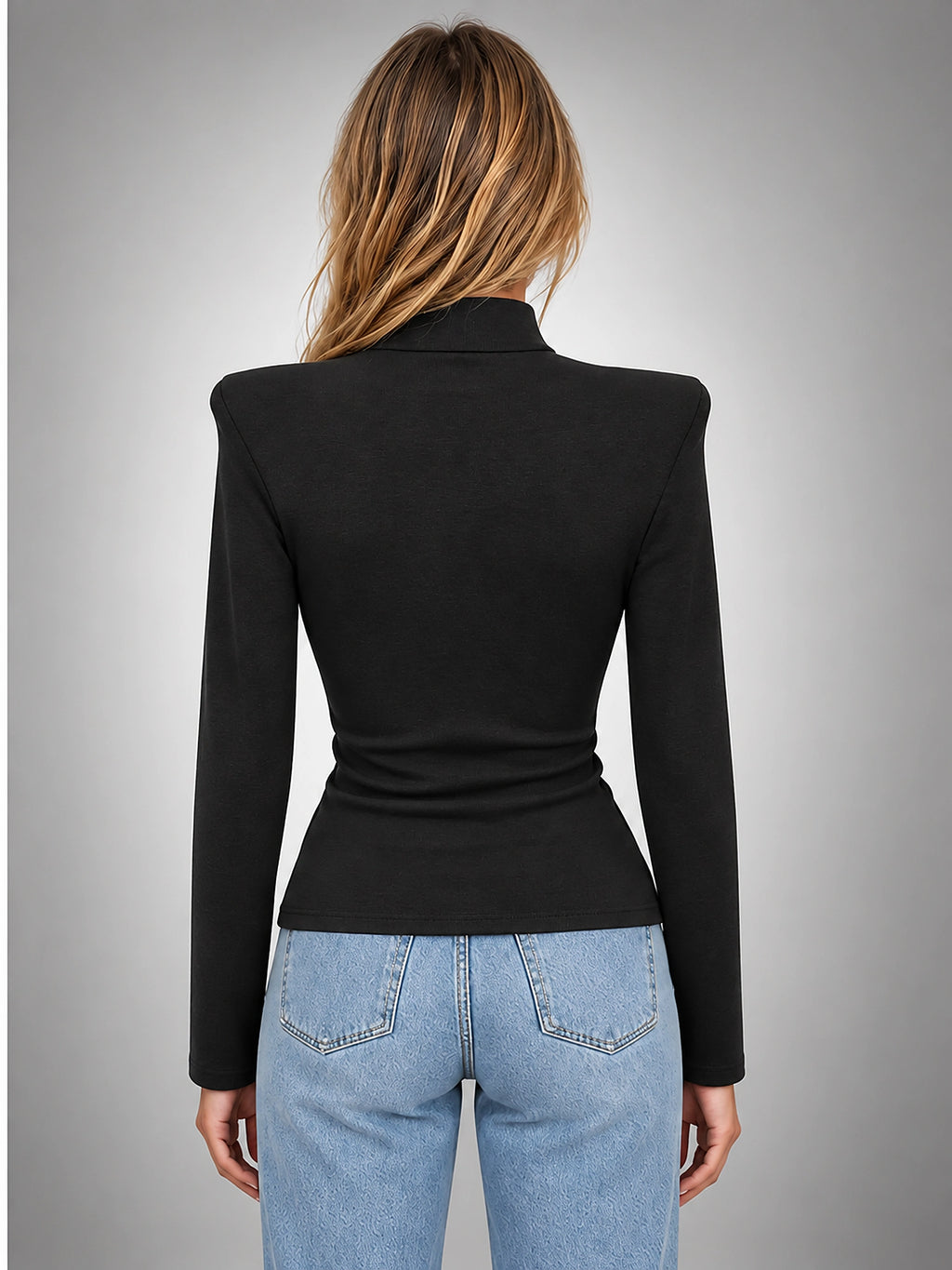 Women's Button Neck Top – Structured Shoulder Detail - Black