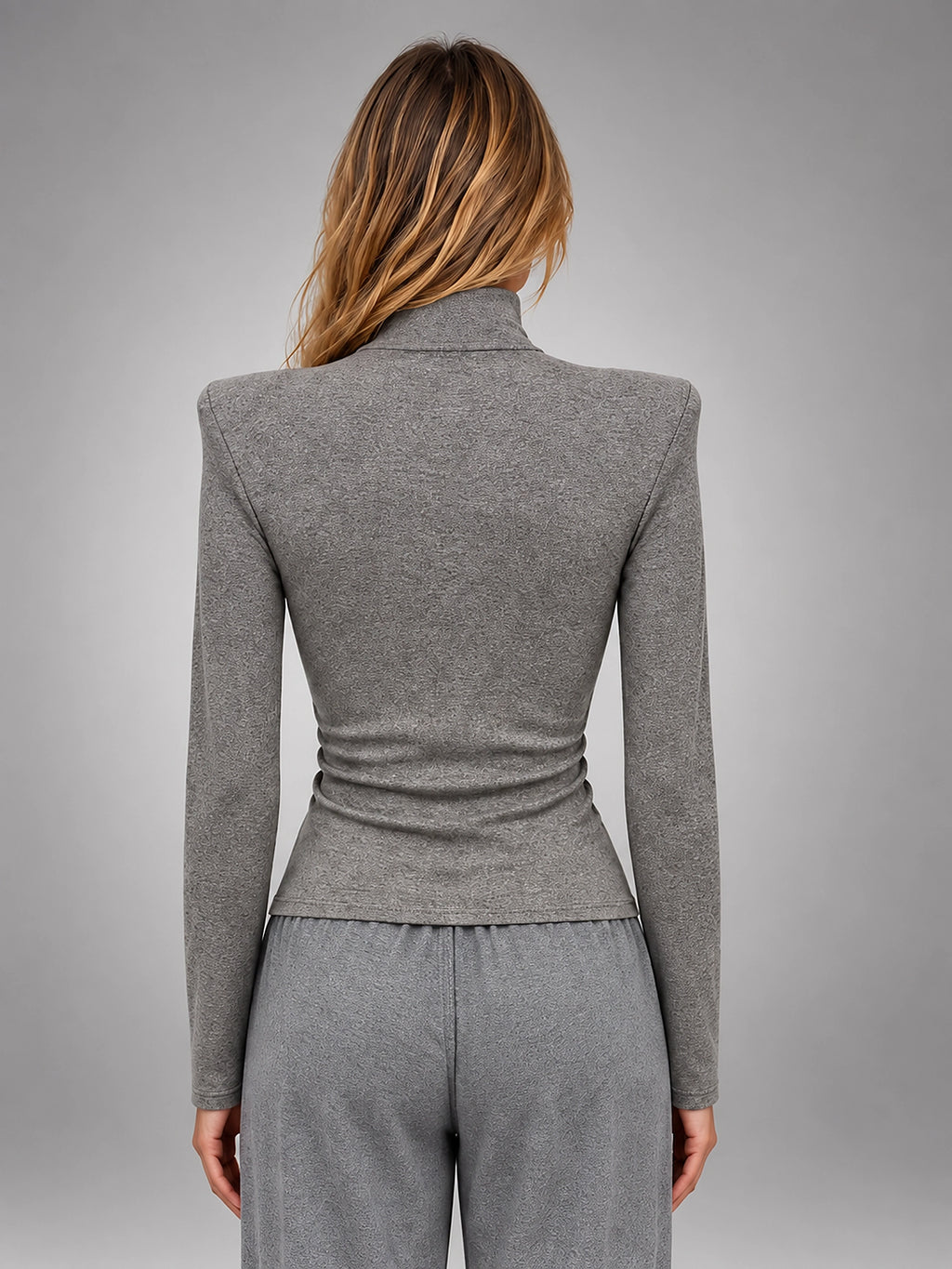 Women's Button Neck Top – Structured Shoulder Detail - Gray