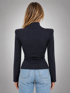 Women's Button Neck Top – Structured Shoulder Detail - Navy