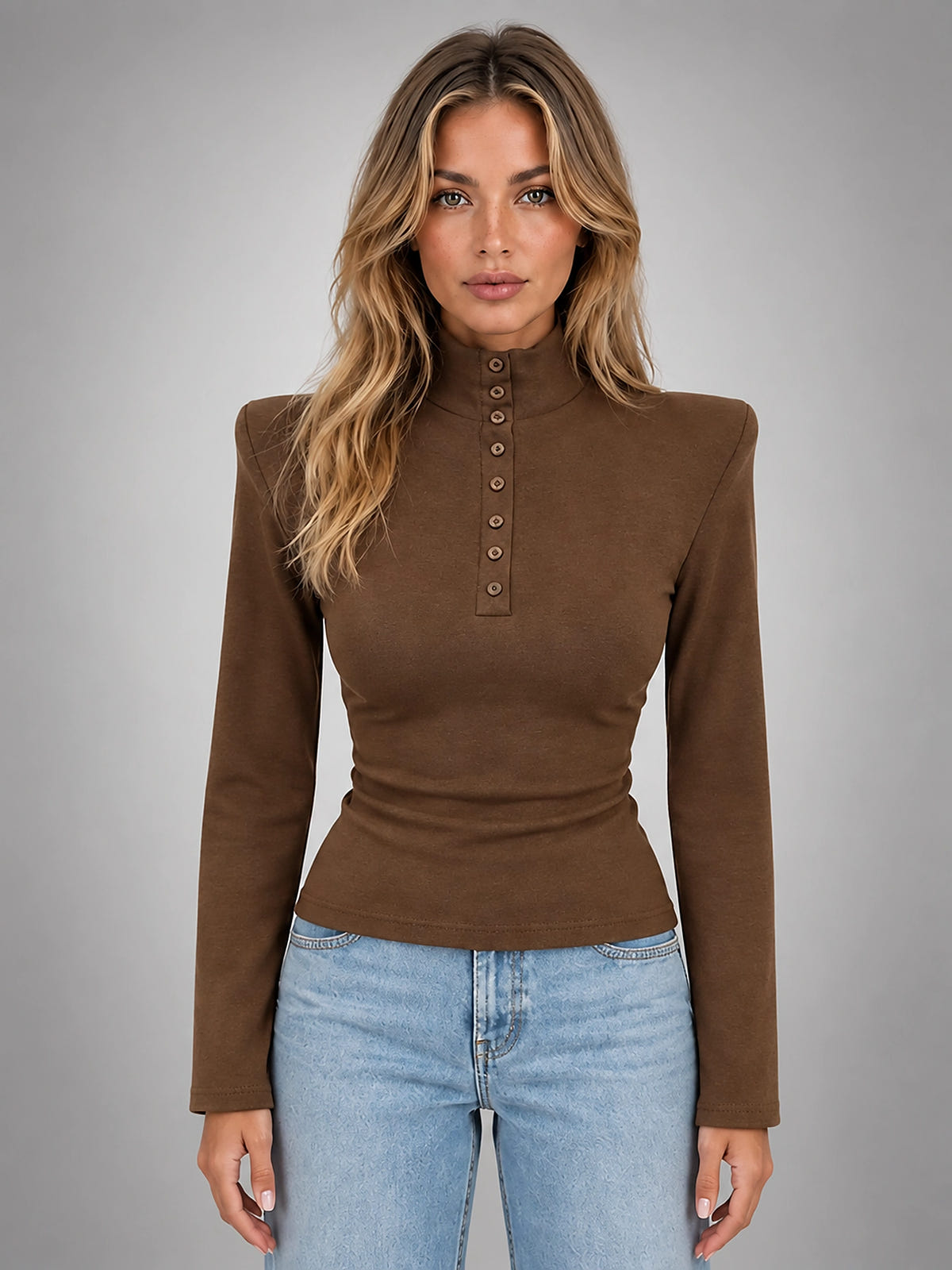 Women's Button Neck Top – Structured Shoulder Detail - Coffee