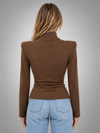 Women's Button Neck Top – Structured Shoulder Detail - Coffee