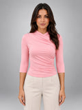 Women's Wrap Top – Ruched Three Quarter Sleeve - Pink