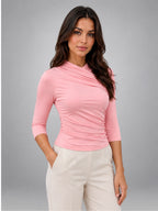 Women's Wrap Top – Ruched Three Quarter Sleeve - Pink