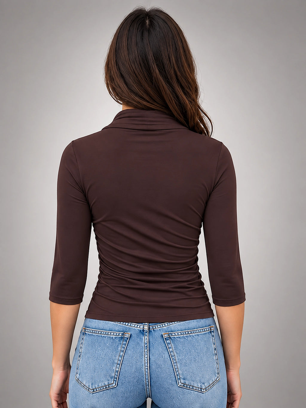 Women's Wrap Top – Ruched Three Quarter Sleeve - Coffee