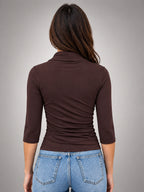 Women's Wrap Top – Ruched Three Quarter Sleeve - Coffee