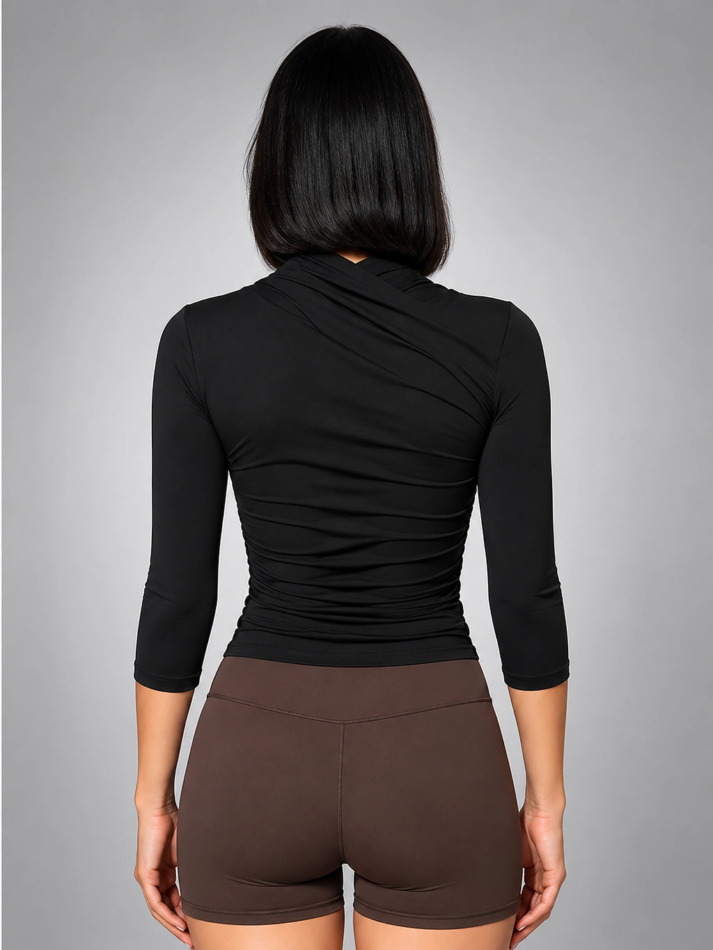 Women's Wrap Top – Ruched Three Quarter Sleeve - Black