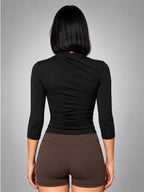 Women's Wrap Top – Ruched Three Quarter Sleeve - Black