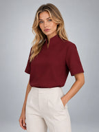 Women's Chiffon Blouse – Short Sleeve Stand Collar - Burgundy