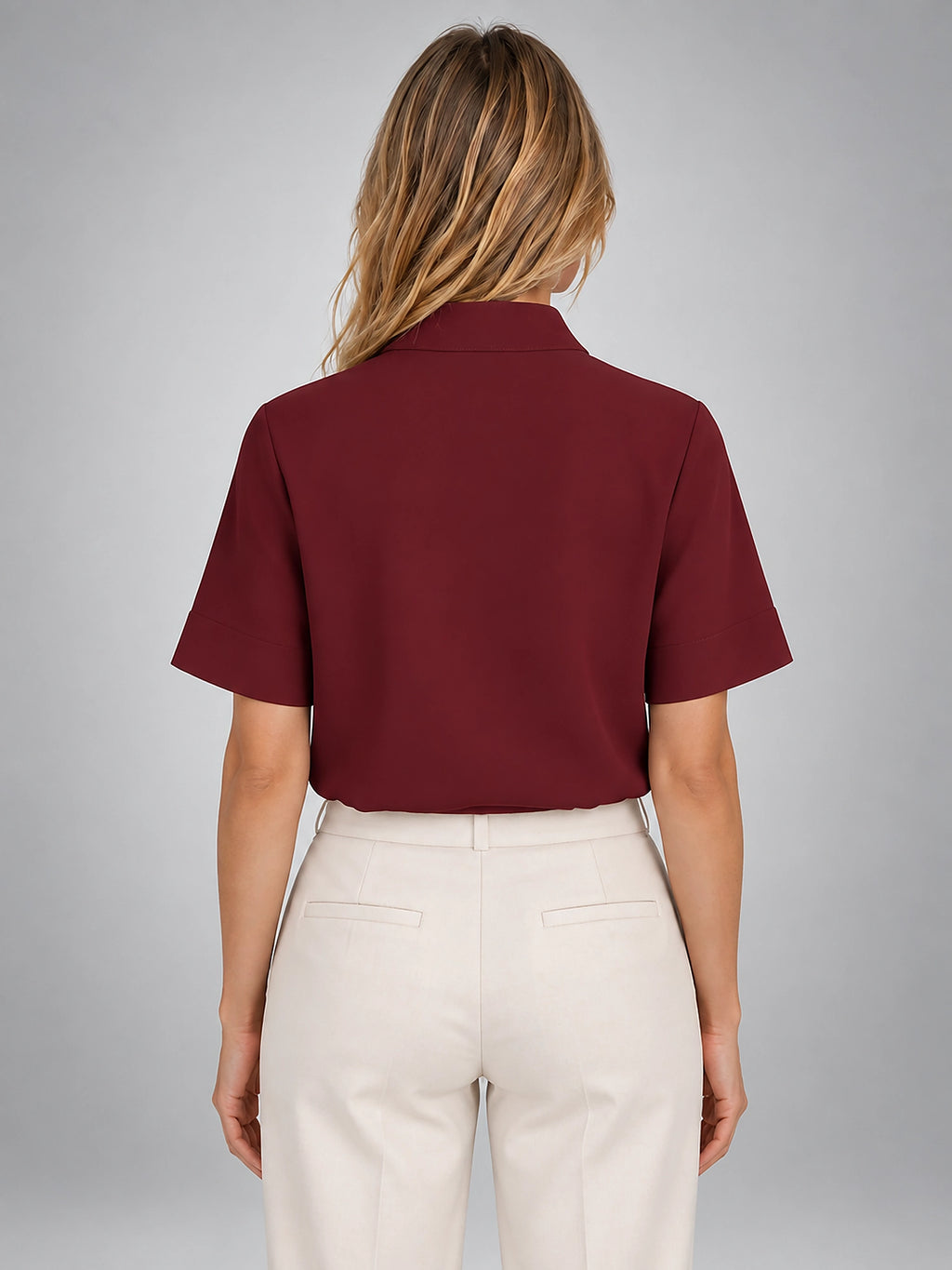 Women's Chiffon Blouse – Short Sleeve Stand Collar - Burgundy