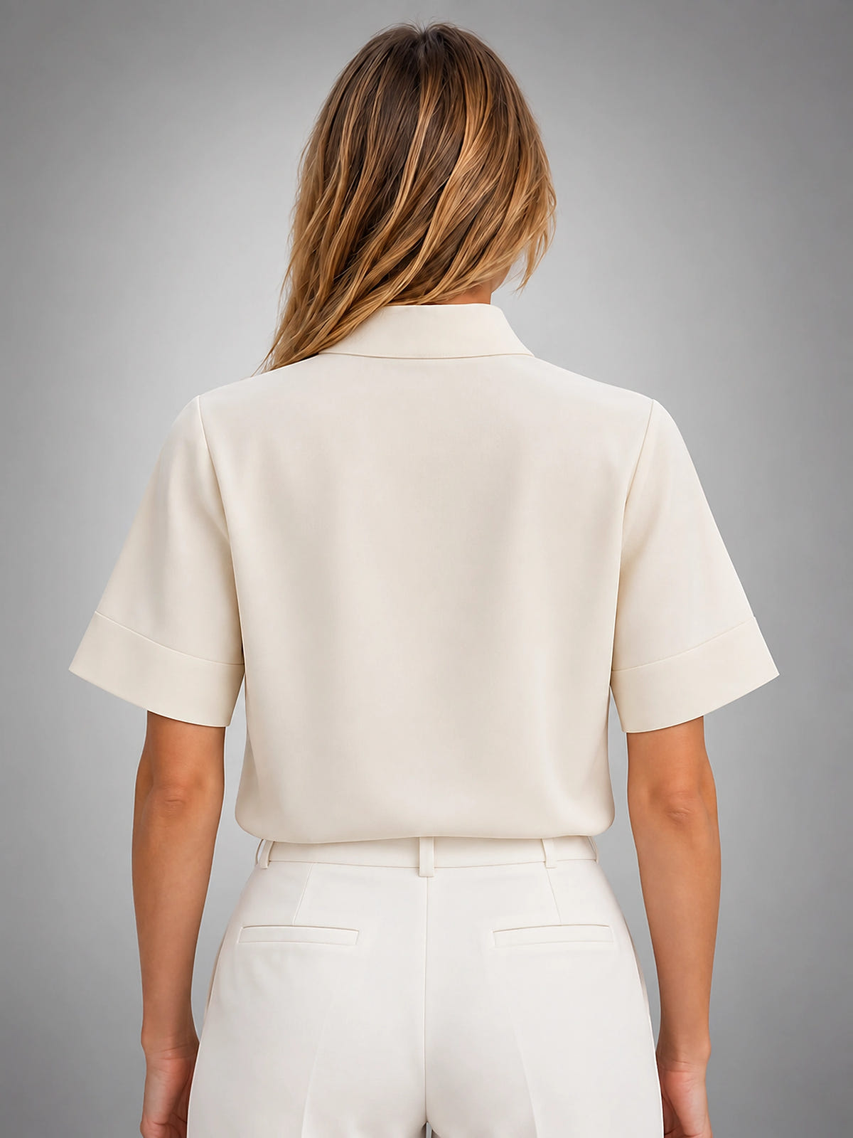 Women's Chiffon Blouse – Short Sleeve Stand Collar - Beige