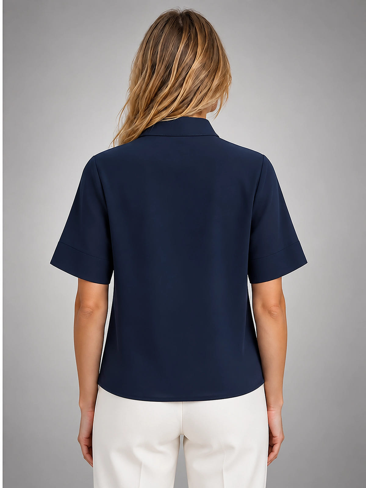 Women's Chiffon Blouse – Short Sleeve Stand Collar - Navy