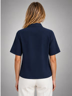 Women's Chiffon Blouse – Short Sleeve Stand Collar - Navy