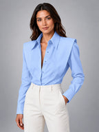 Women's Button Down Shirt – Soft Draping Long Sleeve - Blue