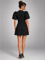Women's Skater Mini Dress – Puff Sleeve Flared - Black