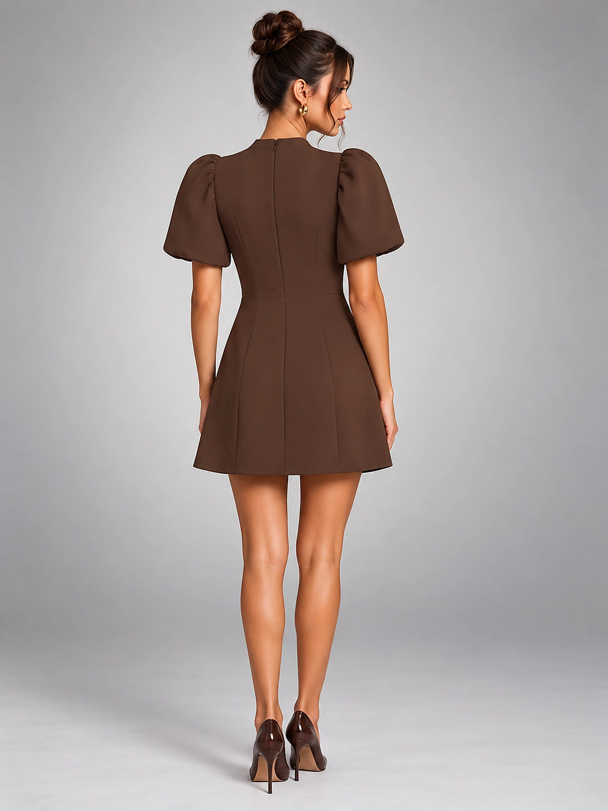 Women's Skater Mini Dress – Puff Sleeve Flared - Brown