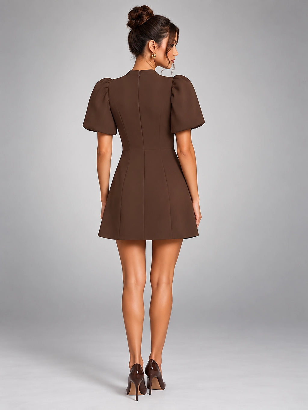 Women's Skater Mini Dress – Puff Sleeve Flared - Brown