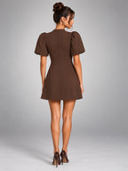 Women's Skater Mini Dress – Puff Sleeve Flared - Brown