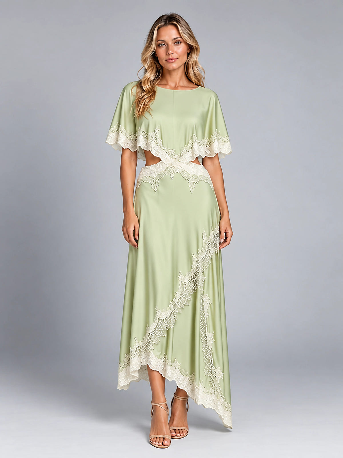 Women's Satin Dress Set – Asymmetric Lace Hem - Light Green
