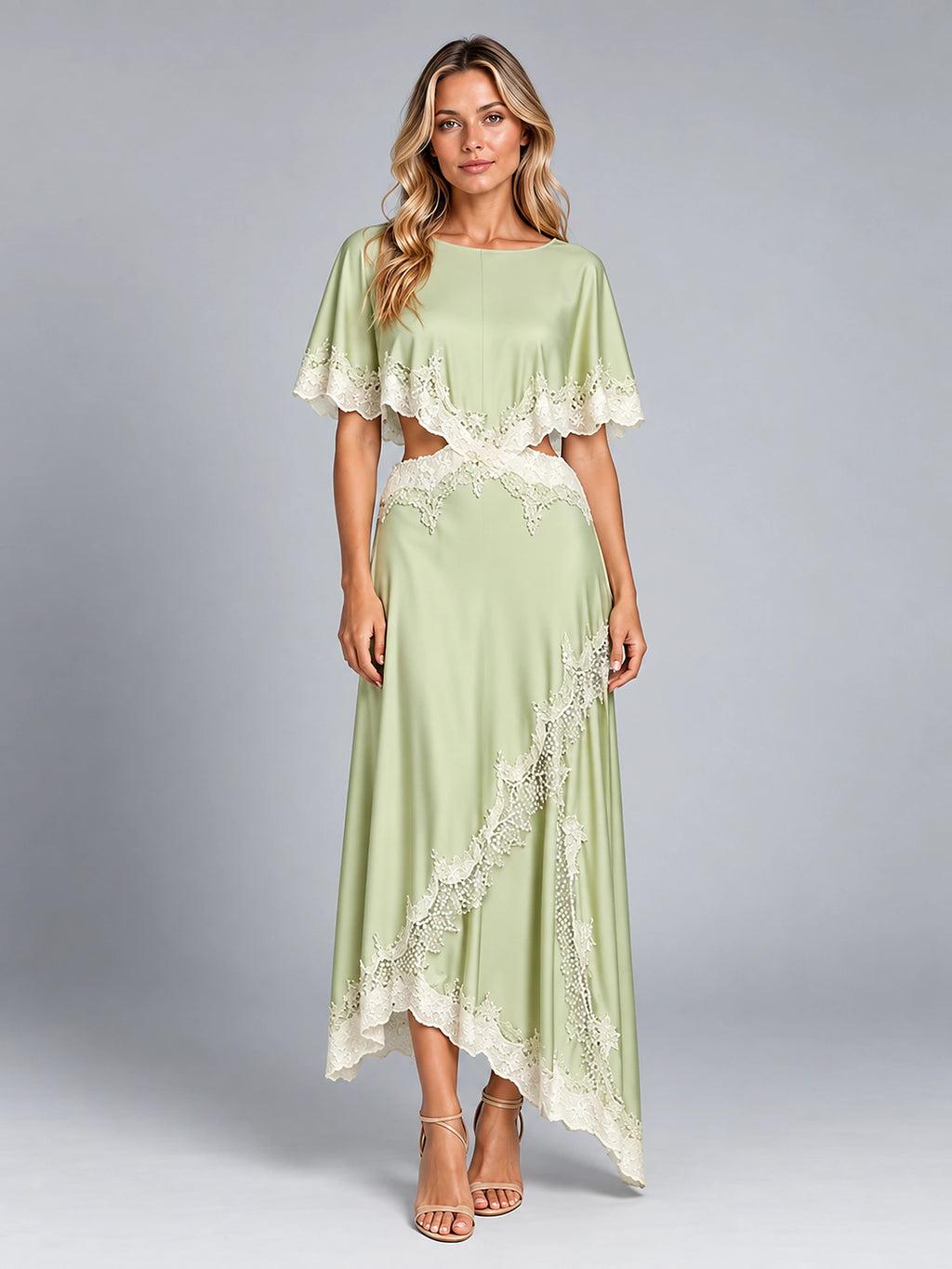 Women's Satin Dress Set – Asymmetric Lace Hem - Light Green