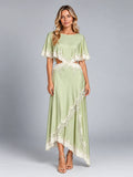 Women's Satin Dress Set – Asymmetric Lace Hem - Light Green