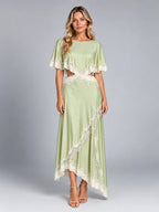 Women's Satin Dress Set – Asymmetric Lace Hem - Light Green
