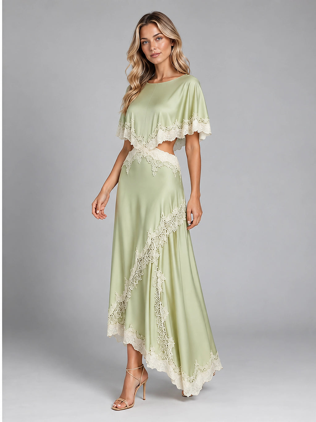 Women's Satin Dress Set – Asymmetric Lace Hem - Light Green