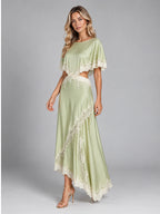 Women's Satin Dress Set – Asymmetric Lace Hem - Light Green