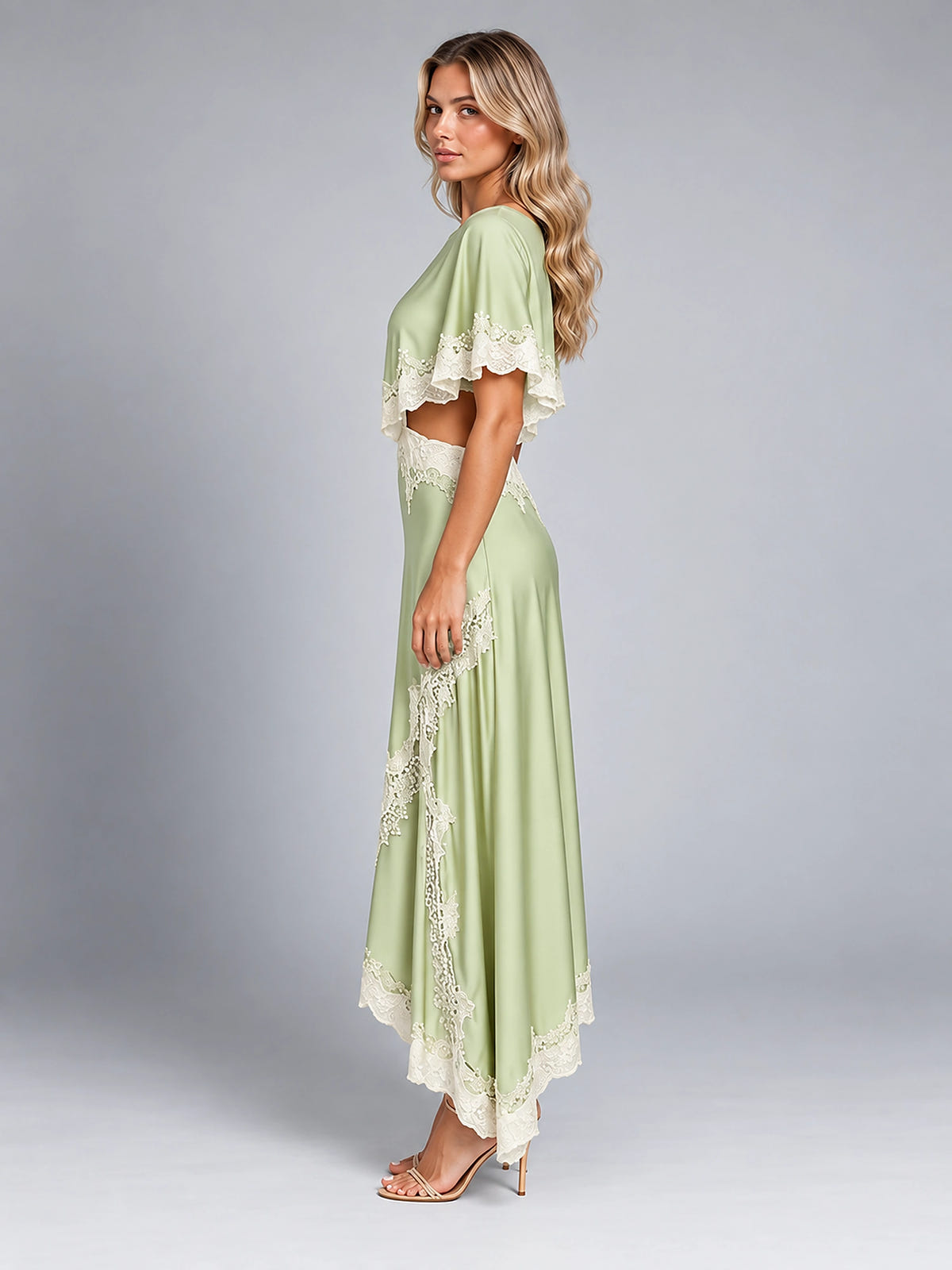 Women's Satin Dress Set – Asymmetric Lace Hem - Light Green