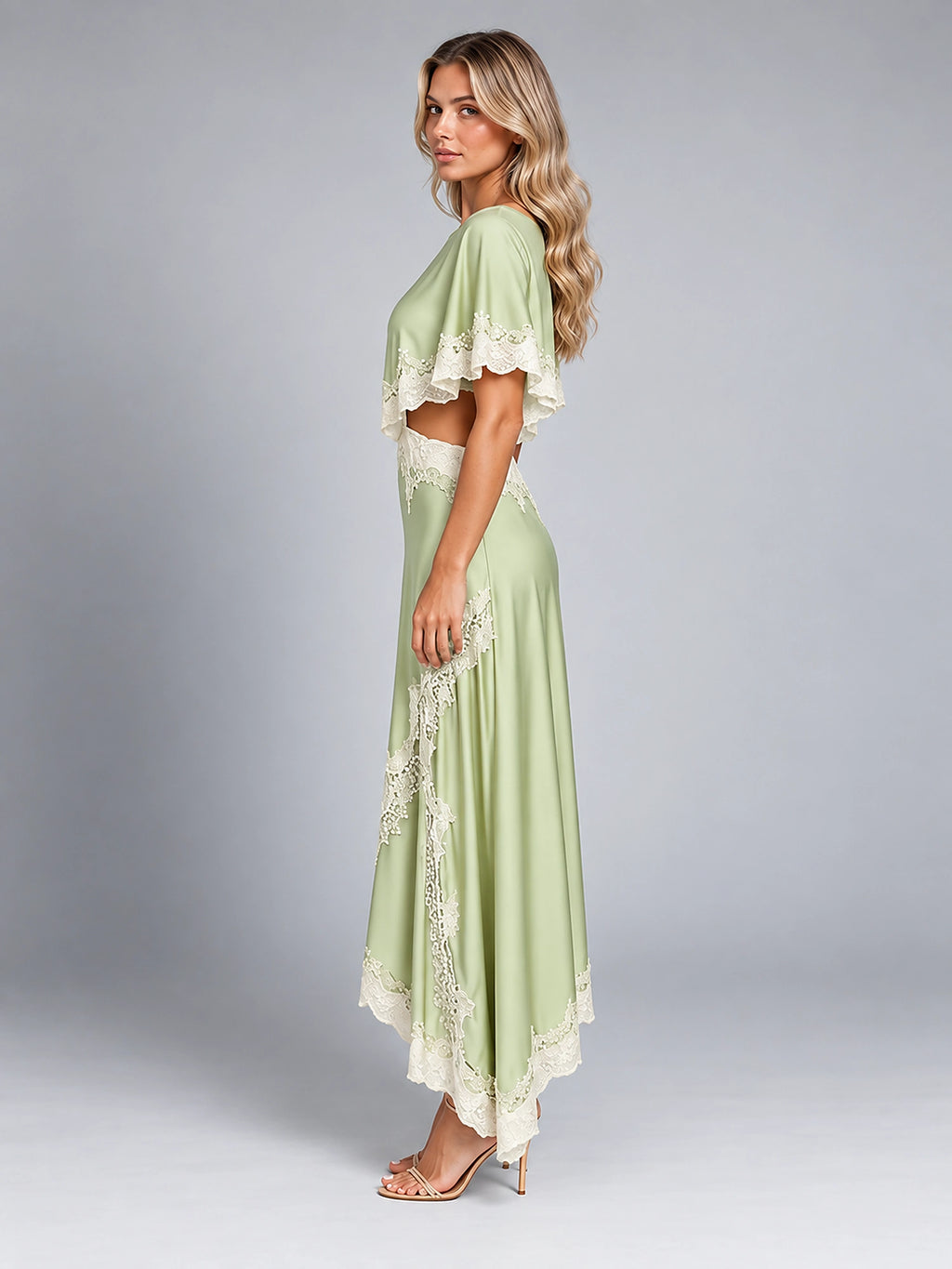 Women's Satin Dress Set – Asymmetric Lace Hem - Light Green