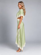 Women's Satin Dress Set – Asymmetric Lace Hem - Light Green