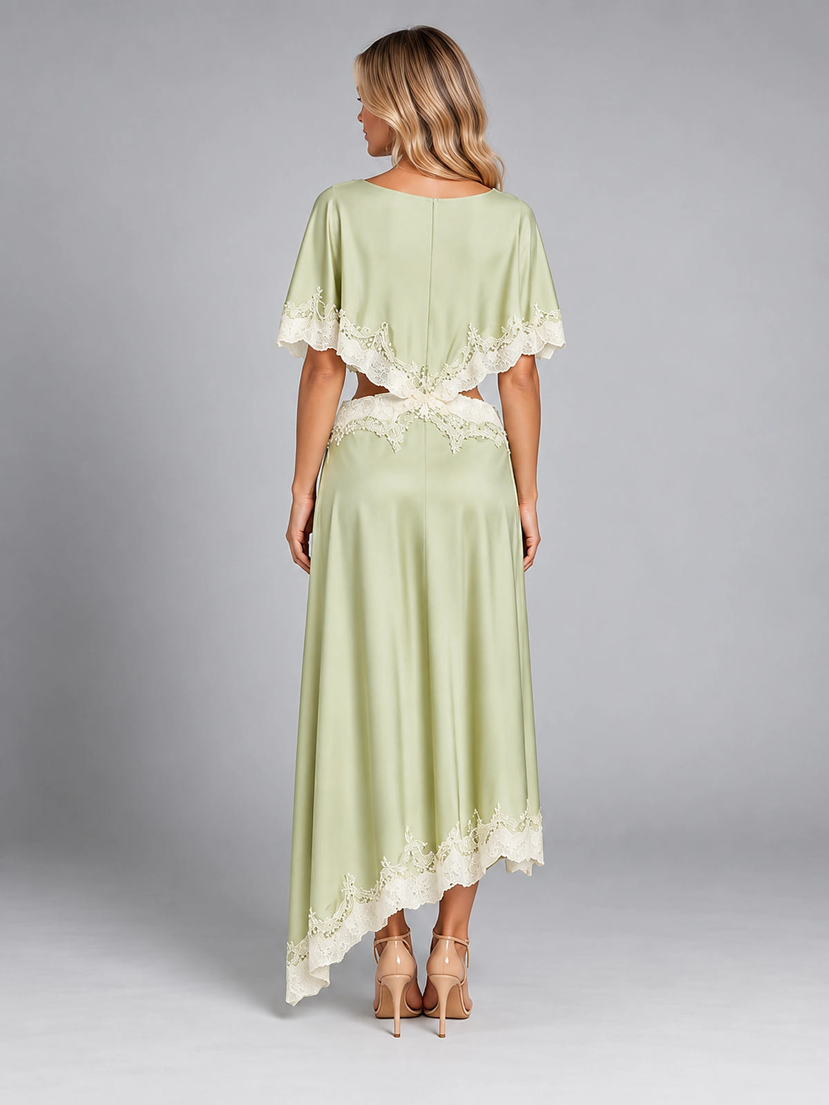 Women's Satin Dress Set – Asymmetric Lace Hem - Light Green