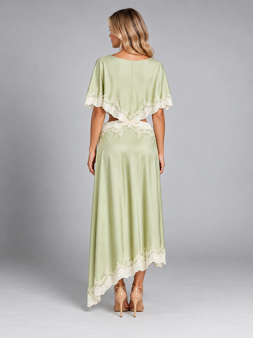 Women's Satin Dress Set – Asymmetric Lace Hem - Light Green