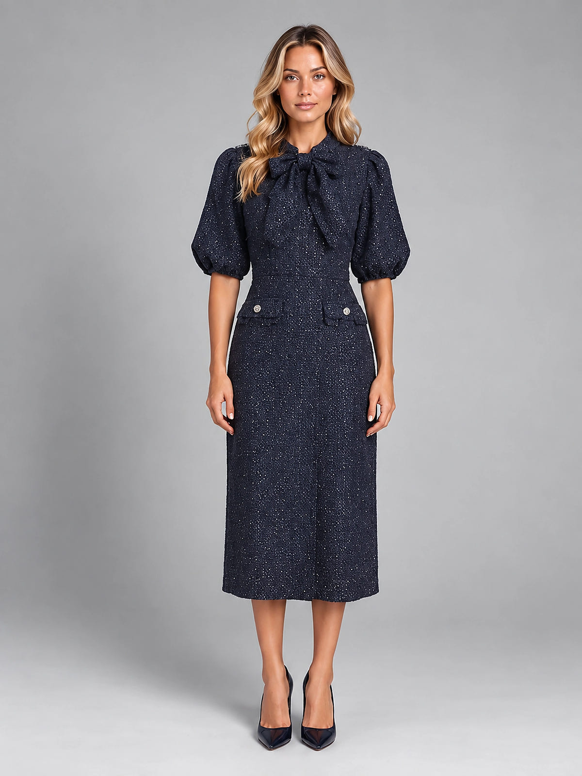 Women's Tweed Midi Dress – Bow Neck Puff Sleeve - Navy