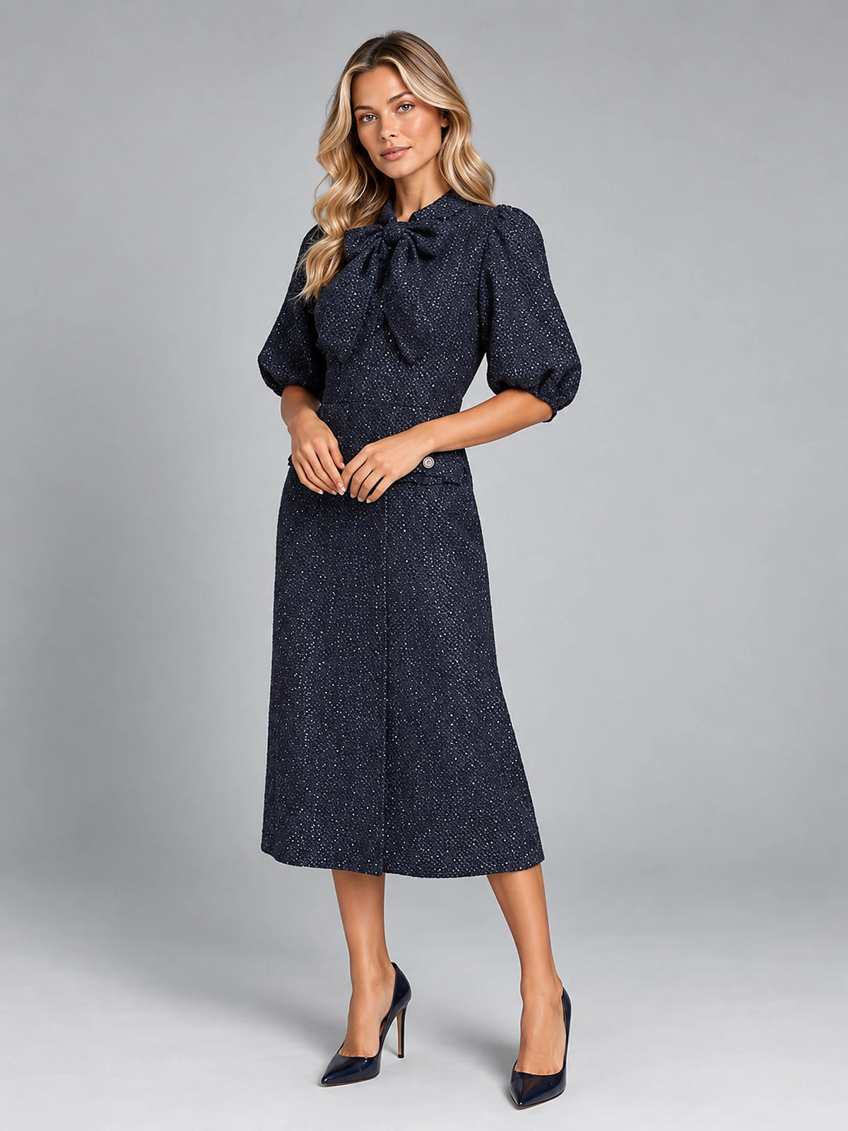 Women's Tweed Midi Dress – Bow Neck Puff Sleeve - Navy