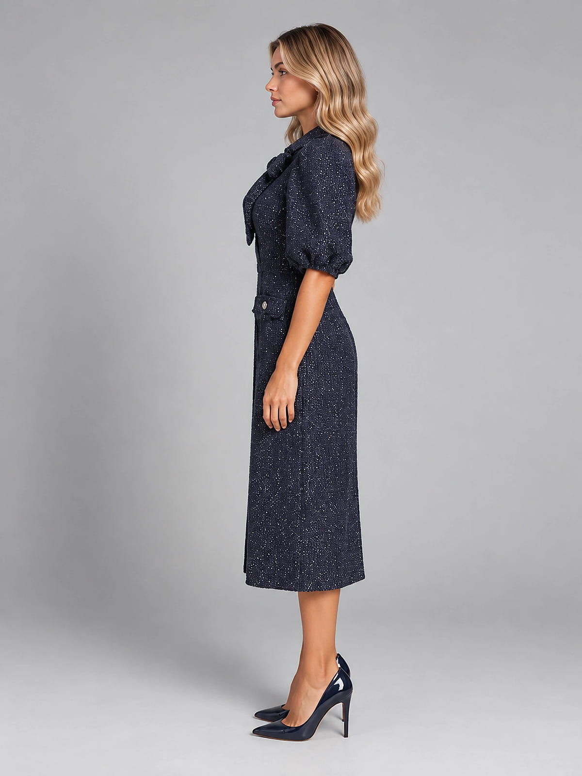 Women's Tweed Midi Dress – Bow Neck Puff Sleeve - Navy