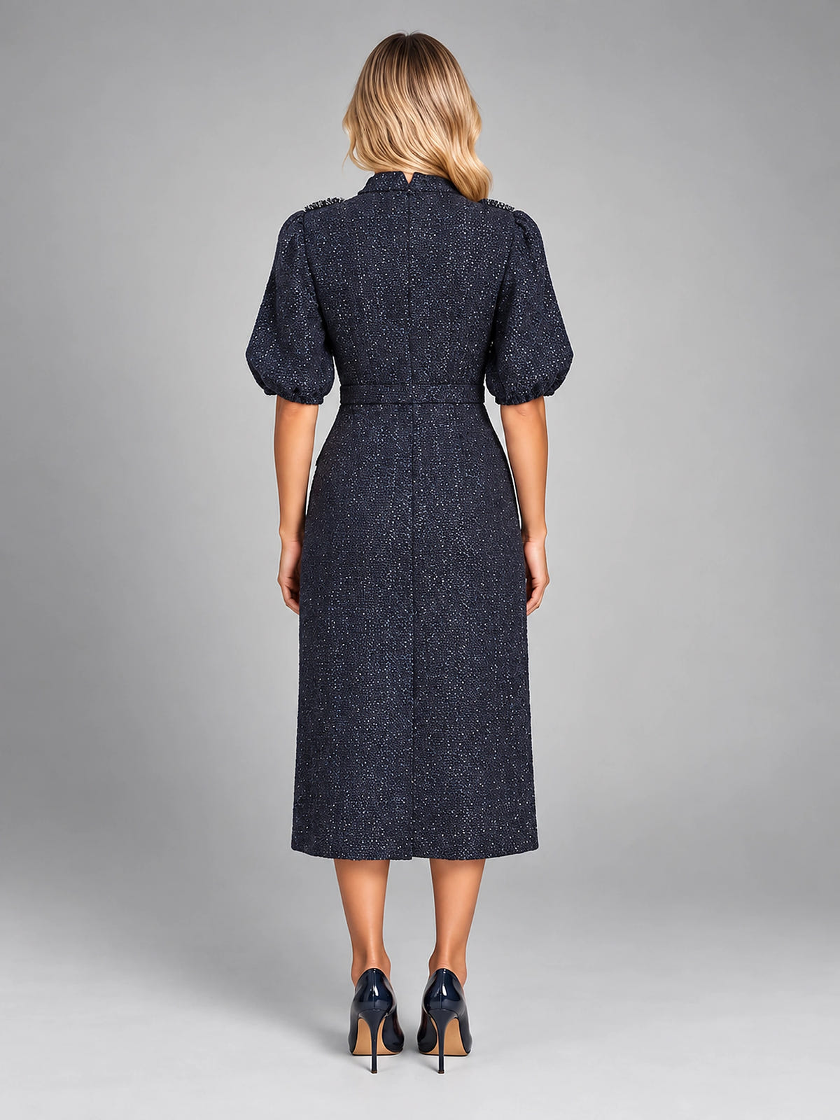 Women's Tweed Midi Dress – Bow Neck Puff Sleeve - Navy