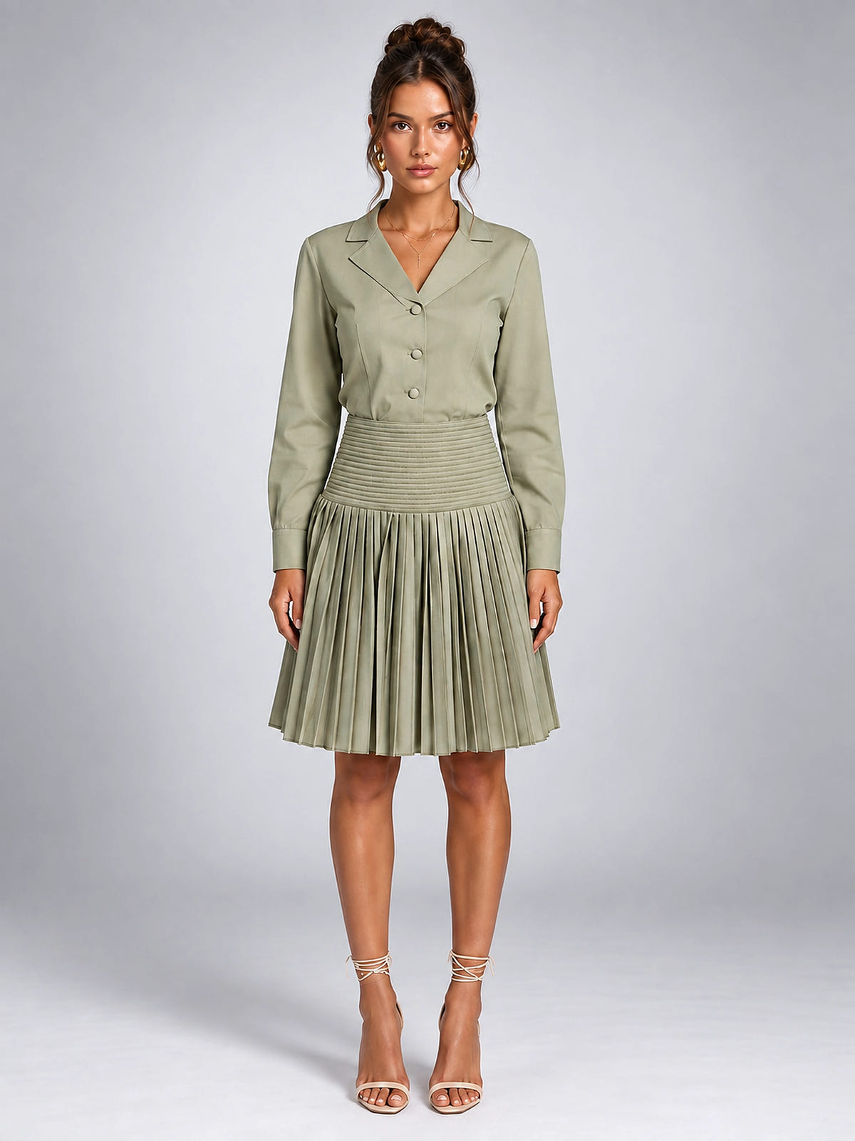 Women's Shirt Dress – Button Through with Pleated Skirt - Sage