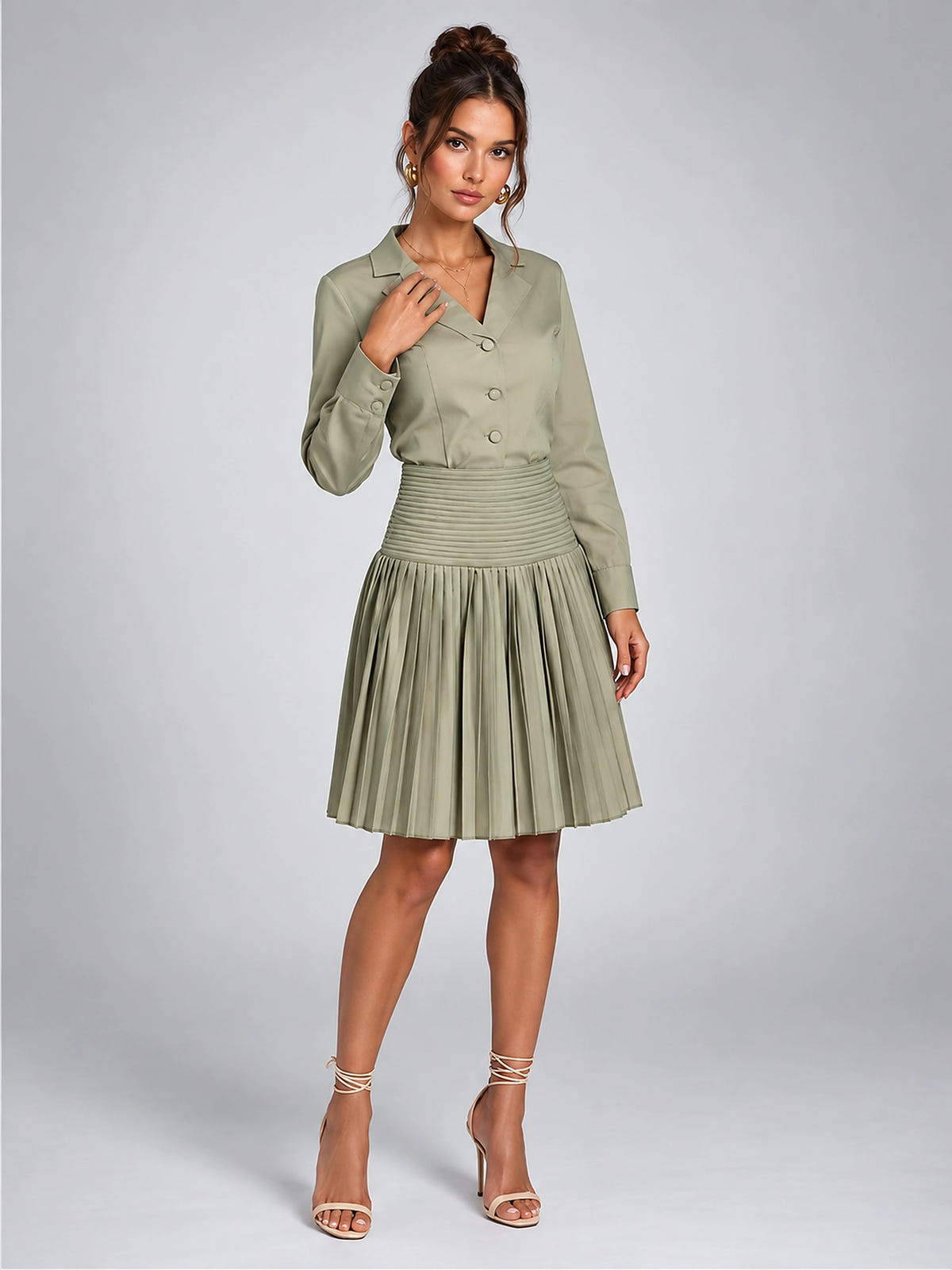 Women's Shirt Dress – Button Through with Pleated Skirt - Sage