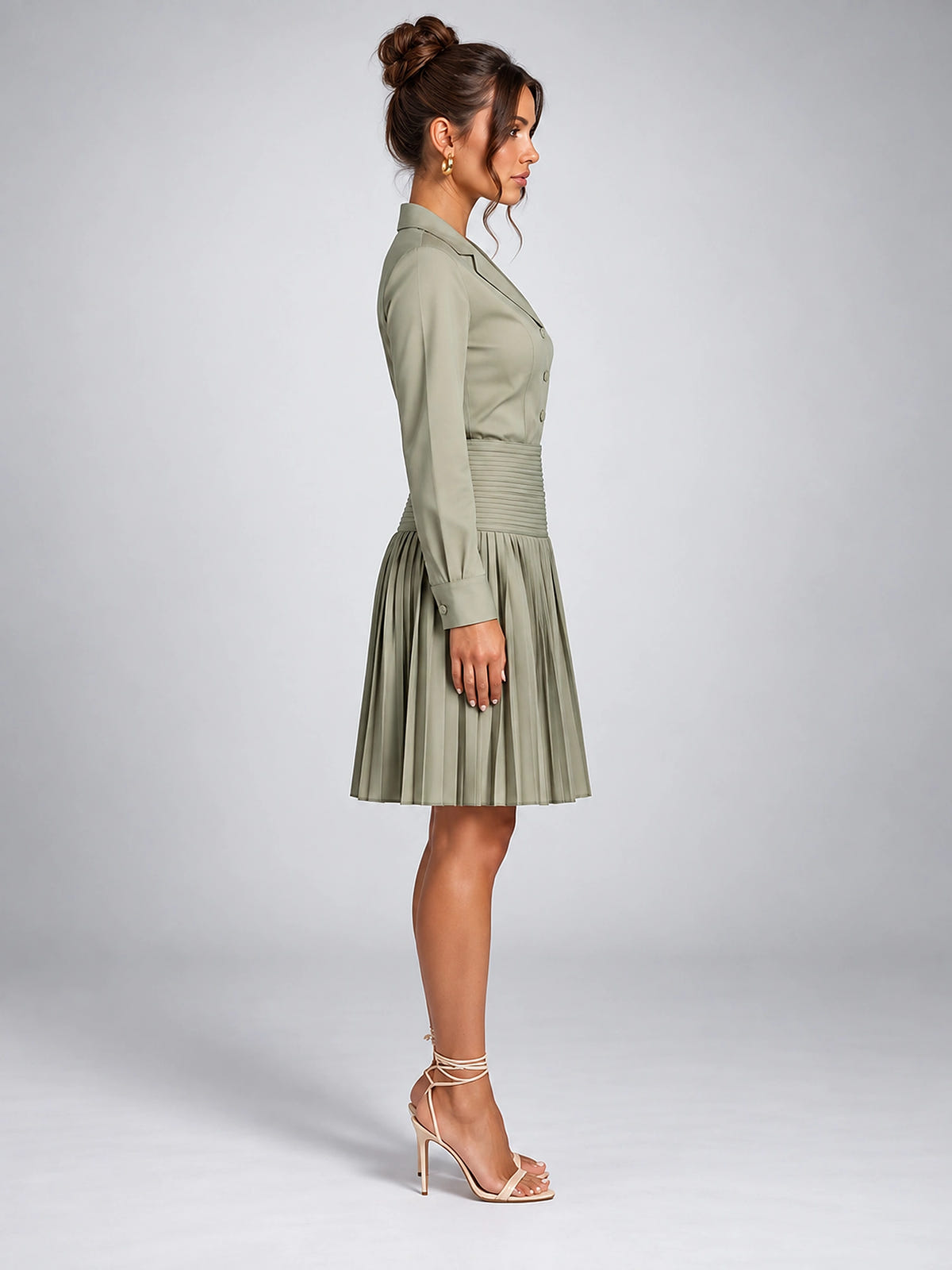 Women's Shirt Dress – Button Through with Pleated Skirt - Sage