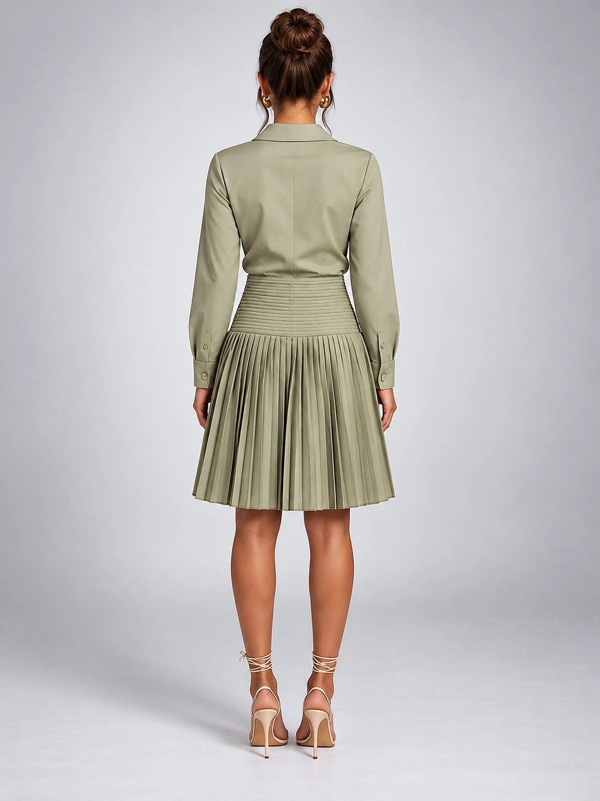 Women's Shirt Dress – Button Through with Pleated Skirt - Sage