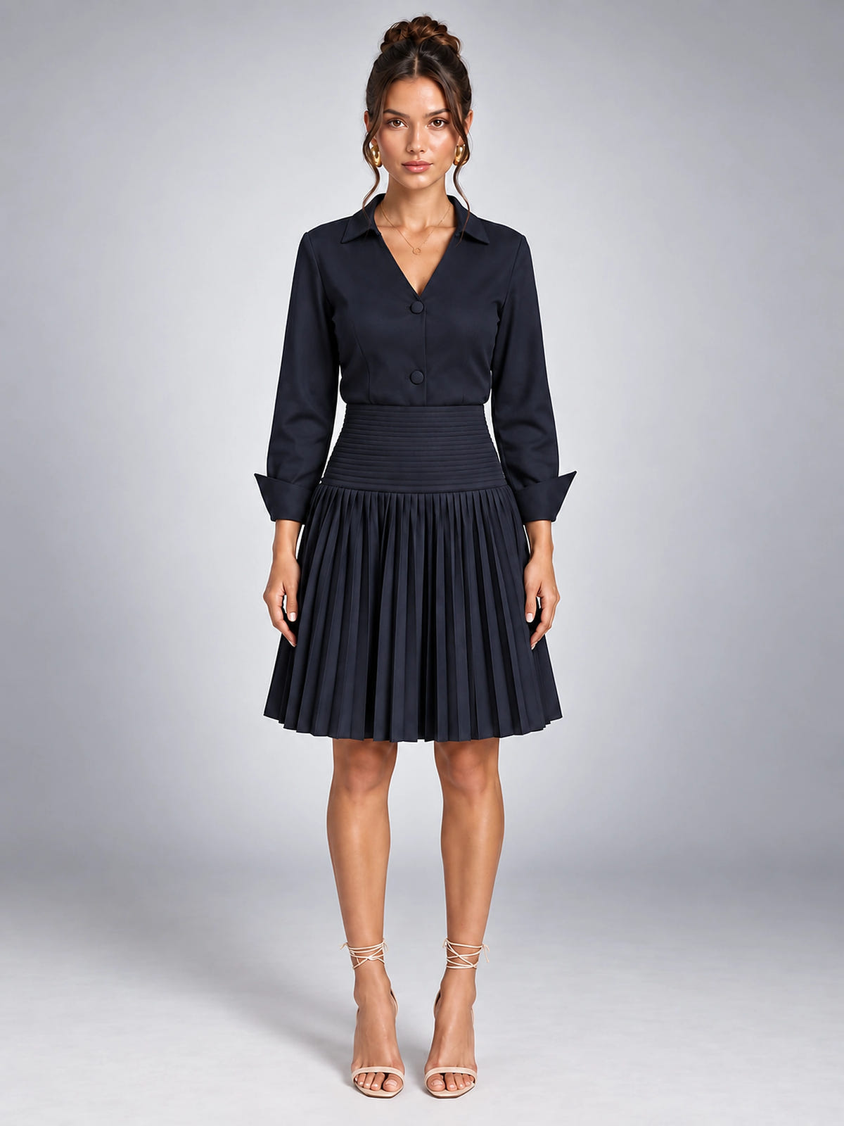 Women's Shirt Dress – Button Through with Pleated Skirt - Navy