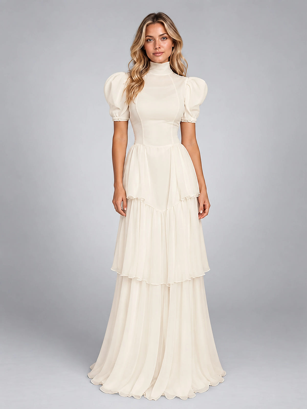 Women's Puff Sleeve Maxi Dress – Tiered Skirt - Ivory