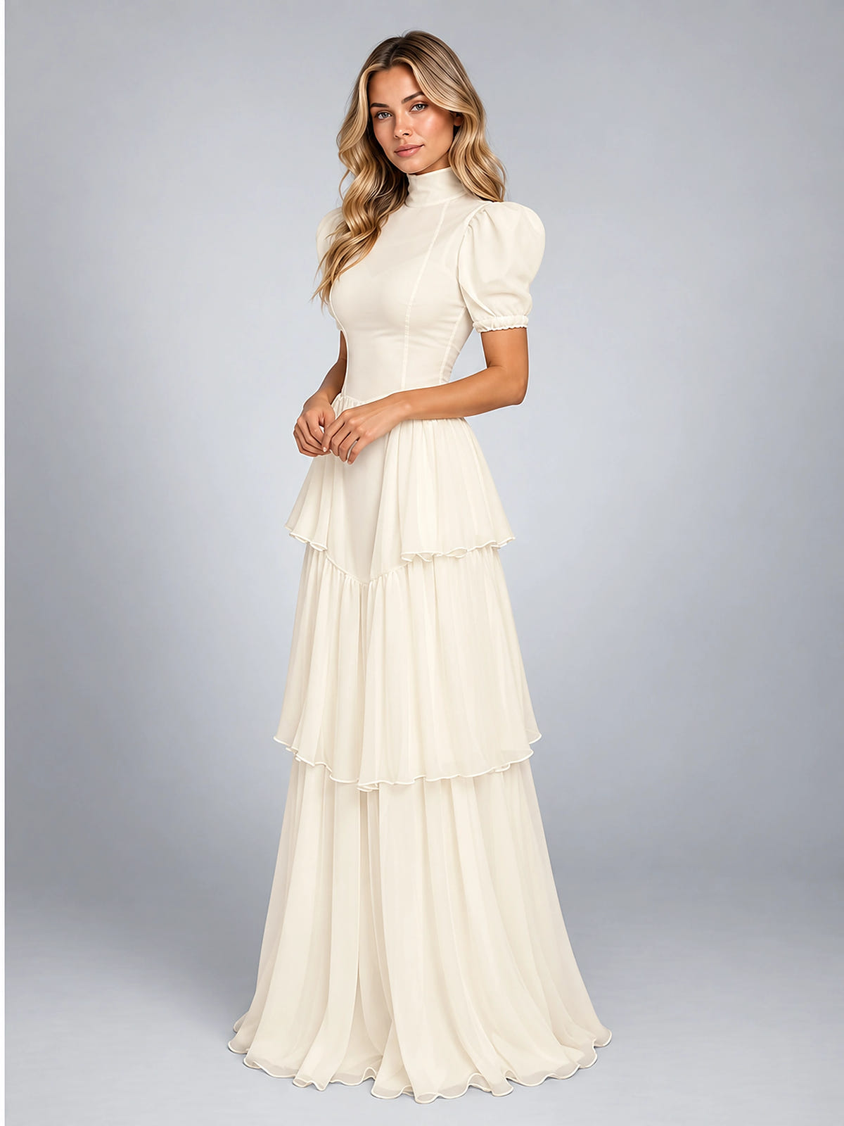 Women's Puff Sleeve Maxi Dress – Tiered Skirt - Ivory