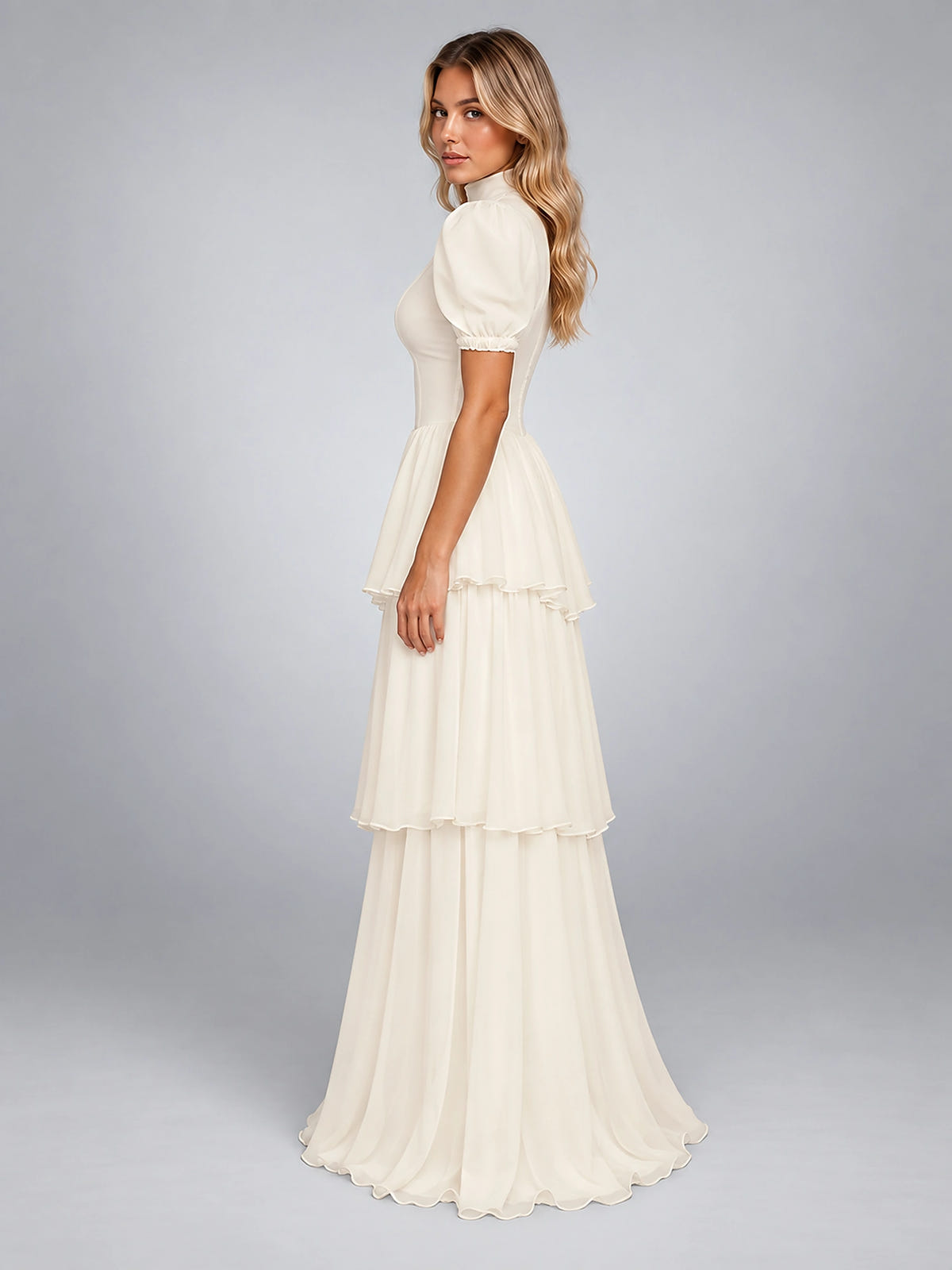 Women's Puff Sleeve Maxi Dress – Tiered Skirt - Ivory