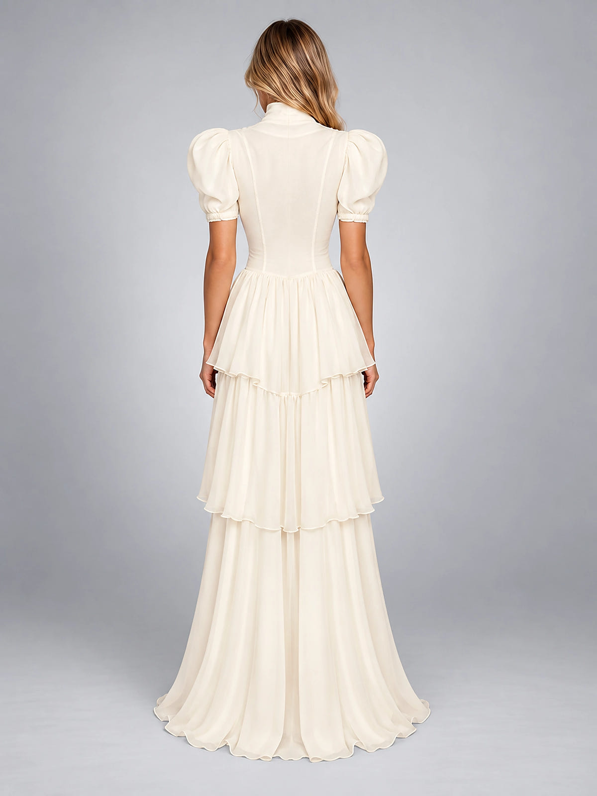 Women's Puff Sleeve Maxi Dress – Tiered Skirt - Ivory