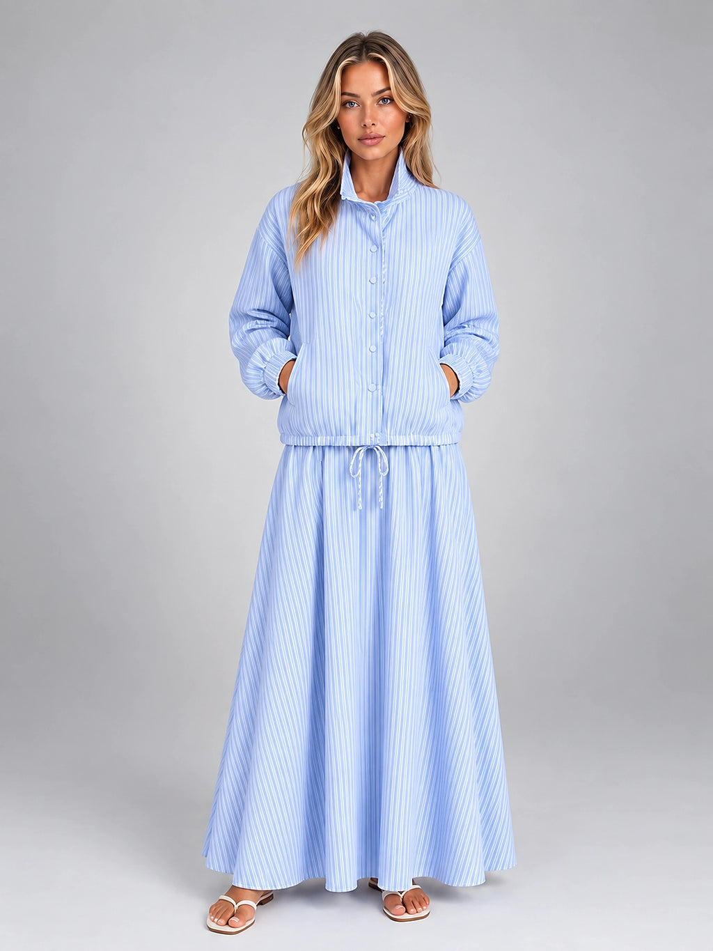 Women's Striped Skirt Set – Drawstring Jacket and Maxi Skirt - Blue Stripe