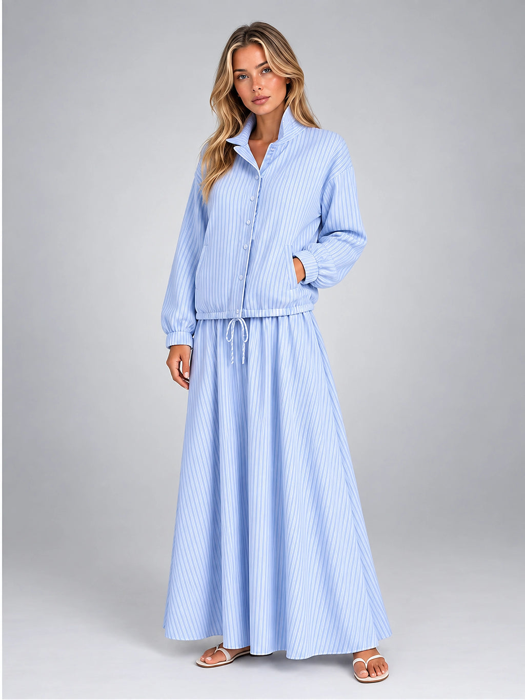 Women's Striped Skirt Set – Drawstring Jacket and Maxi Skirt - Blue Stripe